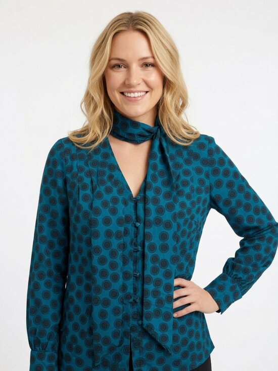 Banana Republic Tops - Banana Republic Teal Black Circle Print Bow Long Sleeve Blouse